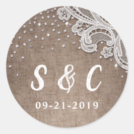 Burlap Lace silber Glitzer rustikale Wedding Monog Runder Aufkleber