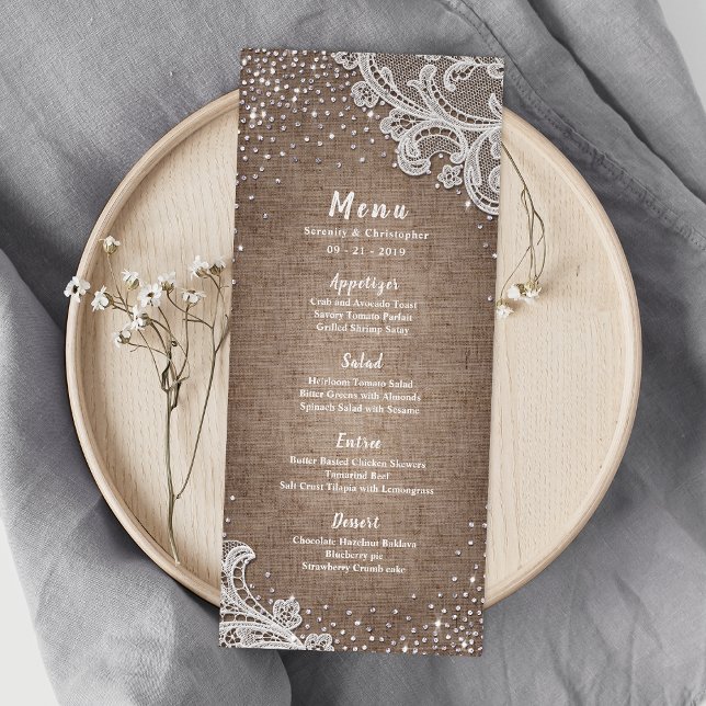 Burlap Lace silber Glitzer rustikales Hochzeitsmen Menükarte (Burlap Lace silver glitter rustic wedding menu)
