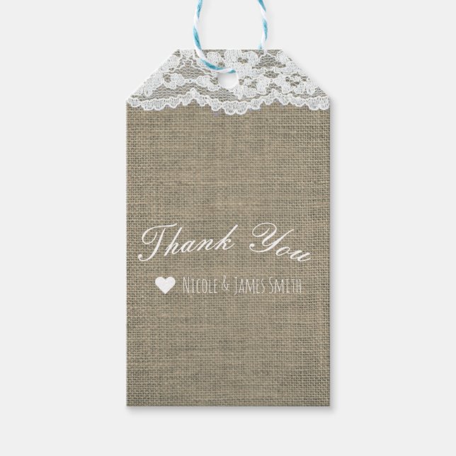 Burlap & Lace Simple Rustic Elegante Wedding Gevor Geschenkanhänger (Vorderseite)