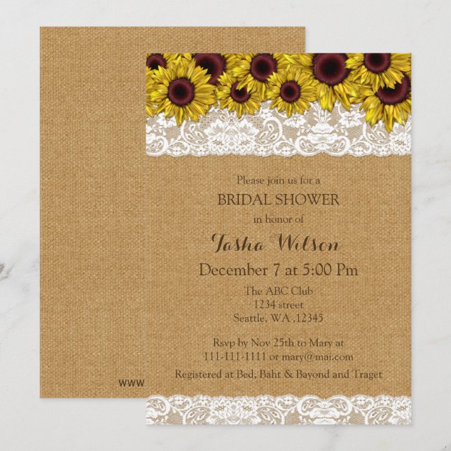 Burlap Lace Sonnenblumen Rustikales Brautparty lad Einladung (Vorne/Hinten)