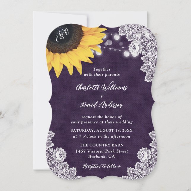 Burlap Lace Sunflower Lila Hochzeitseinladungen Einladung (Vorderseite)