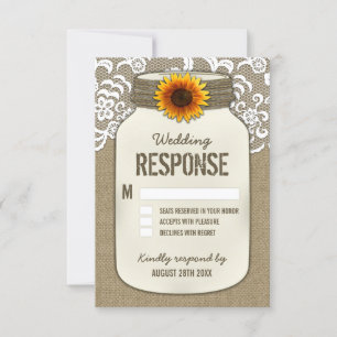 Burlap Lace Sunflower Mason Jar Wedding RSVP Karte