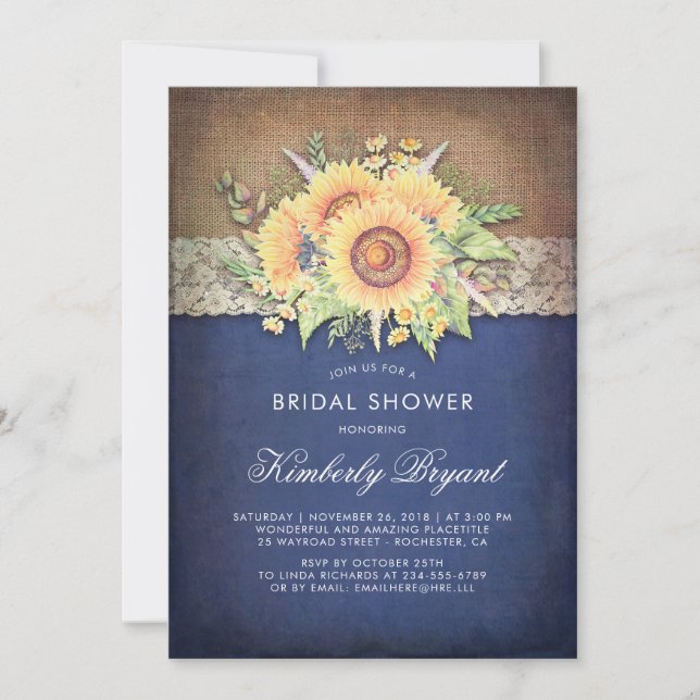 Burlap Lace Sunflower Navy Rustikales Brautparty Einladung (Vorderseite)