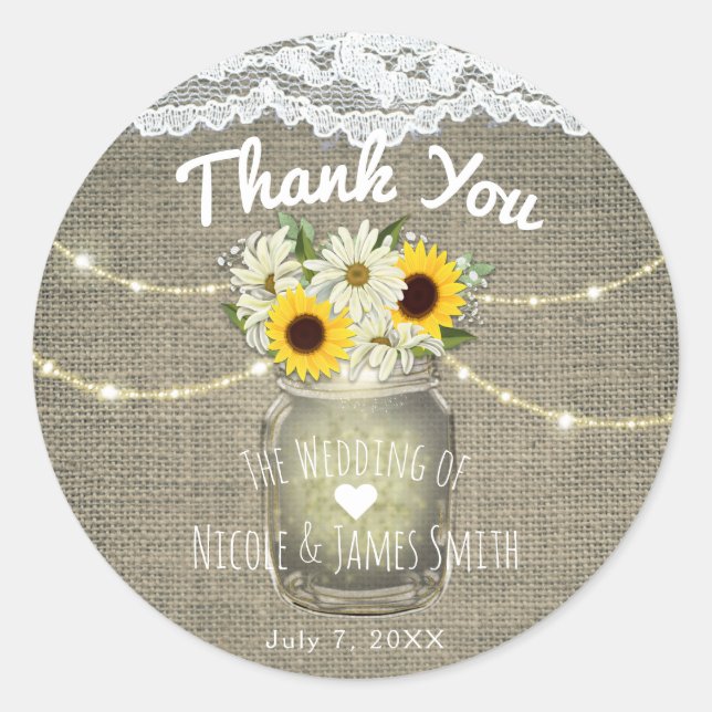 Burlap Lace Sunflowers & Daisies Mason Jar Rustic Runder Aufkleber (Vorderseite)