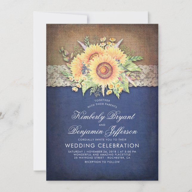 Burlap Lace und Sunflower Navy Rustikale Hochzeit  Einladung (Vorderseite)
