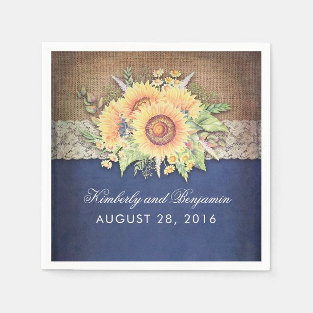 Burlap Lace und Sunflower Navy Rustikale Hochzeit  Serviette (Vorderseite)