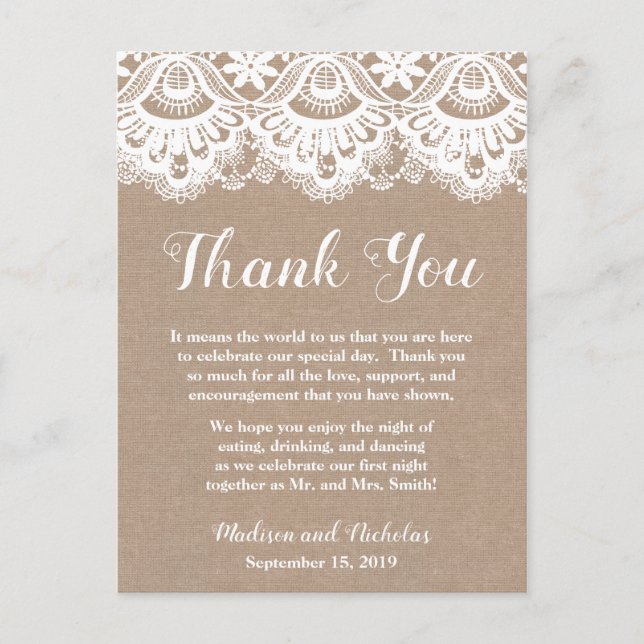 Burlap Lace Wedding Place Einstellung Vielen Dank  Postkarte (Vorderseite)