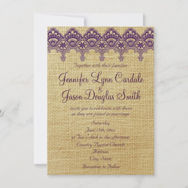 Burlap Lila Damask Lace Hochzeitseinladungen Einladung (Vorderseite)