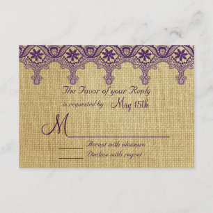 Burlap Lila Damask Lace Wedding RSVP Cards