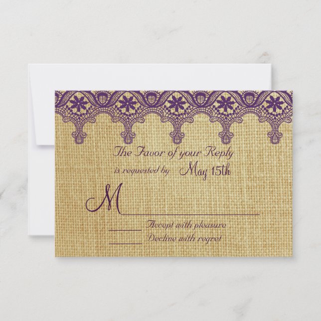 Burlap Lila Damask Lace Wedding RSVP Cards (Vorderseite)