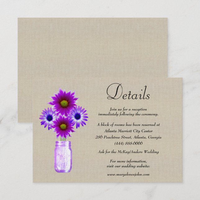 Burlap Lila Floral Mason Jar Wedding Details Begleitkarte (Vorne/Hinten)