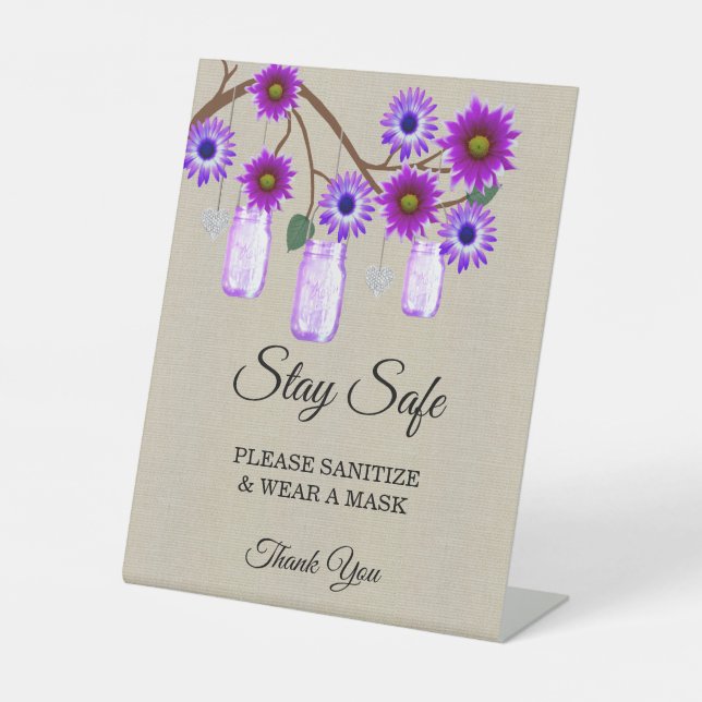 Burlap Lila Floral Mason Jar Wedding Safety Sockelschild (Vorderseite)
