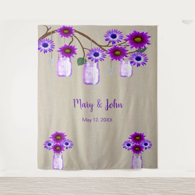 Burlap Lila Floral Mason Jars Foto Hintergrund Wandteppich (Vorderseite)