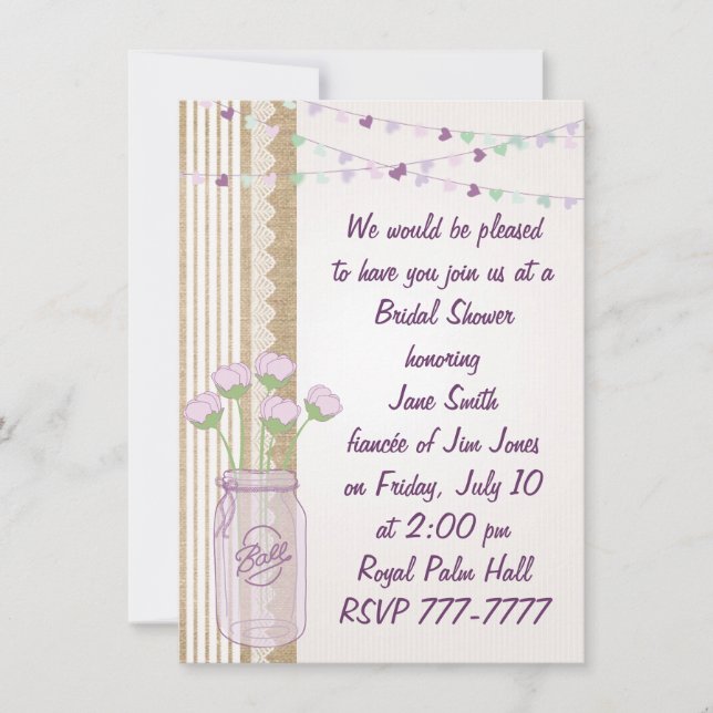 Burlap Lilac Lila Mason Jar Brautparty Invita Einladung (Vorderseite)