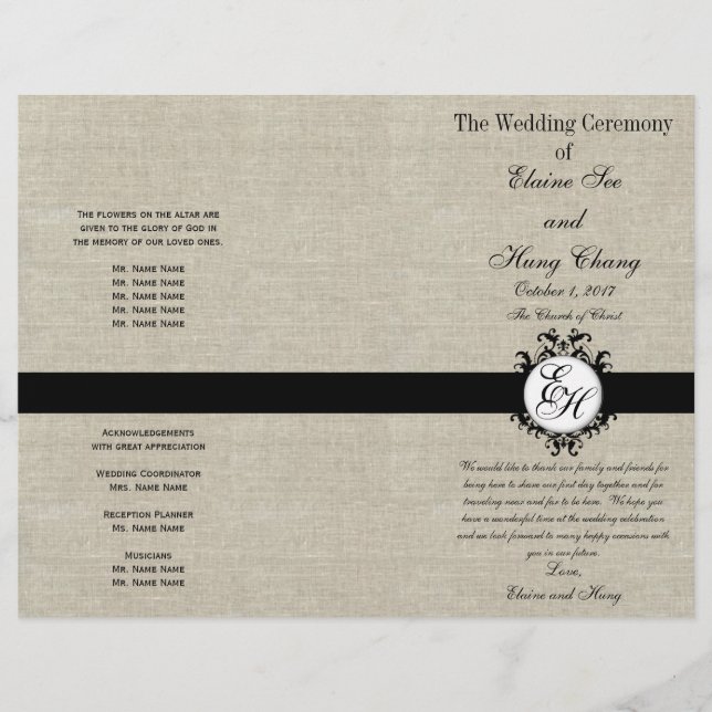Burlap Linen Black Wedding Programm Chic Monogram (Vorderseite)