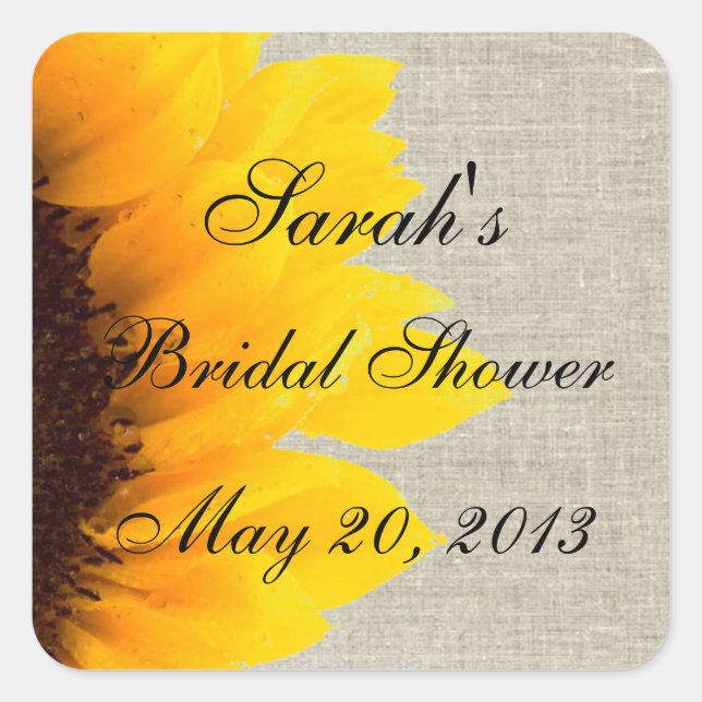 Burlap Linen Sunflower Foto Brautparty Quadratischer Aufkleber (Vorderseite)
