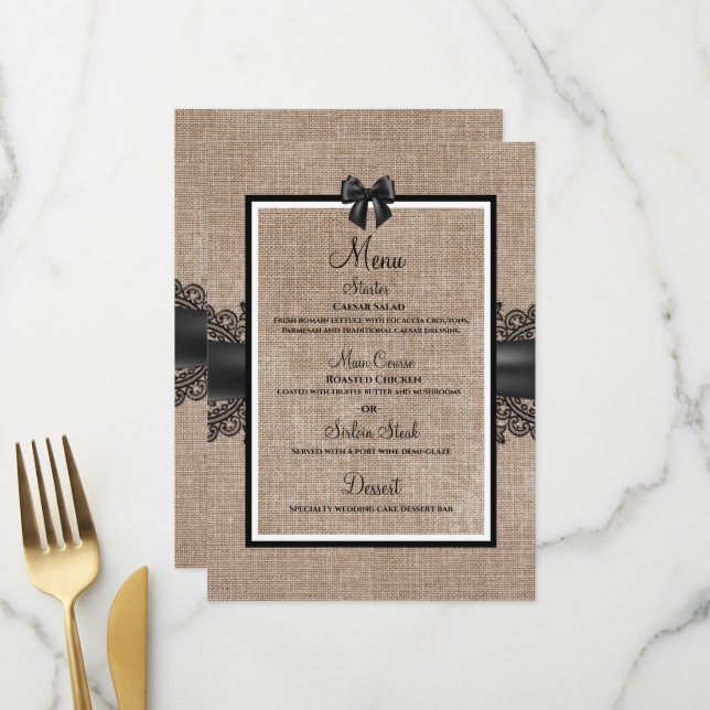 Burlap, Linen und Spitzen, Hochzeitsmenü nach Maß Menükarte (Vorderseite/Rückseite Beispiel)