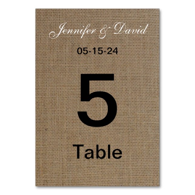 Burlap Look Wedding Tischnummer Cards (Vorderseite)