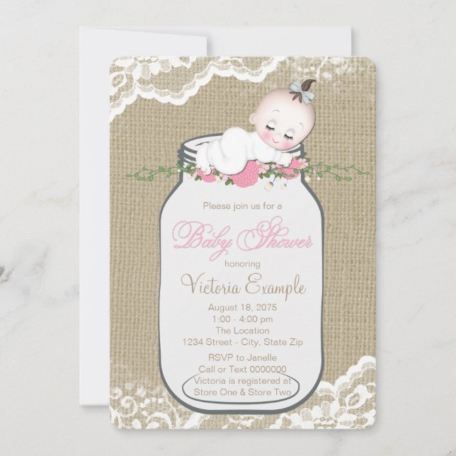 Burlap Mason Jar Baby Shower Einladung (Vorderseite)