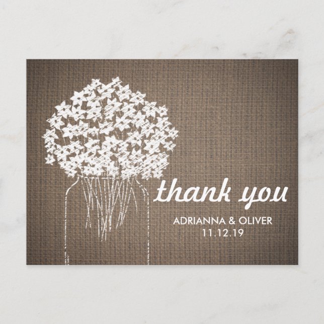 Burlap Mason Jar Blume Hochzeit Vielen Dank Postkarte (Vorderseite)