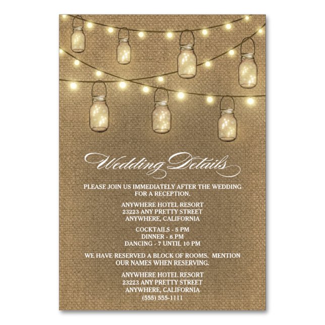 Burlap Mason Jar Wedding Empfang + Hotel Cards Tischnummer (Vorderseite)