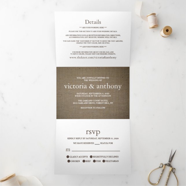 Burlap Mason Jar Wedding Suite Dreifach Gefaltete Einladung (Innenseite)