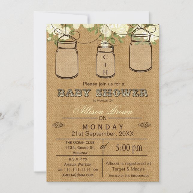 Burlap, Maurerkirschen, rustikale Babydusche Einla Einladung (Vorderseite)
