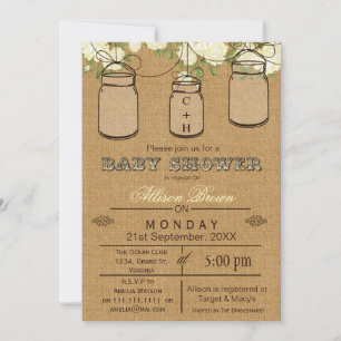 Burlap, Maurerkirschen, rustikale Babydusche Einla Einladung