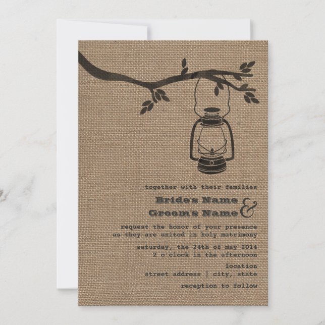 Burlap  Outdoor / Camping Hochzeit Einladung (Vorderseite)