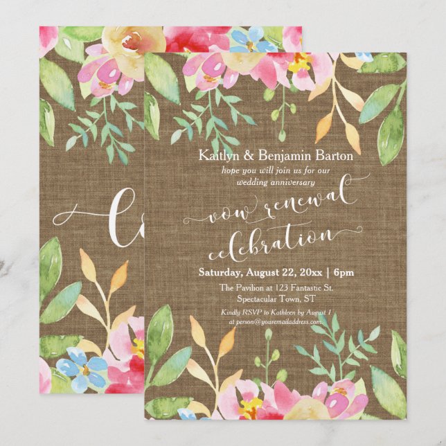 Burlap Painted Blume Vow Renewal Celebration Einladung (Vorne/Hinten)