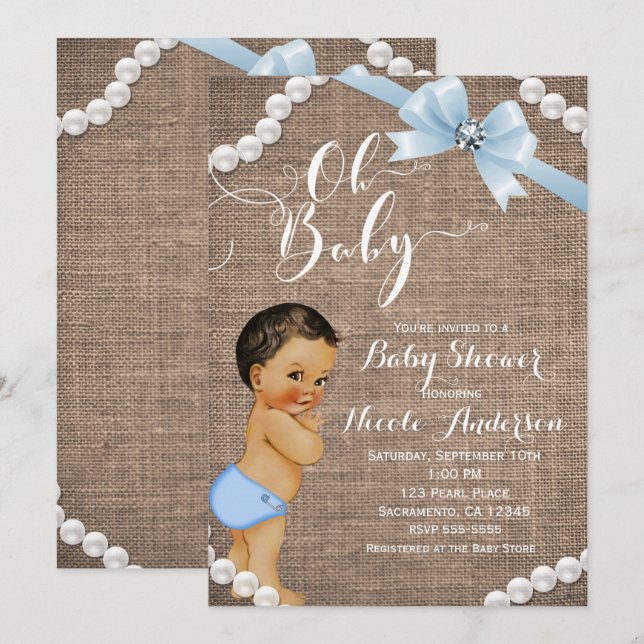 Burlap & Pearls Blue Bow Brünett Tan Baby Dusche Einladung (Vorne/Hinten)