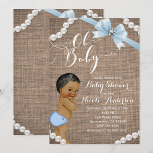 Burlap & Pearls Blue Bow Ethnic Baby Boy Dusche Einladung