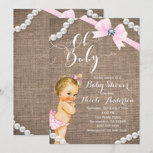 Burlap & Pearls Pink Bow Blonde Baby Girl Dusche Einladung