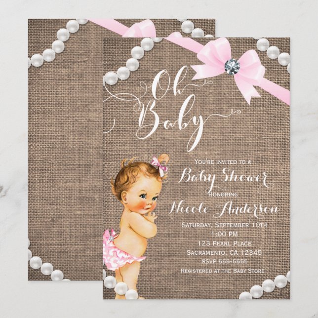 Burlap & Pearls Pink Bow Girls Baby Dusche Einladung (Vorne/Hinten)