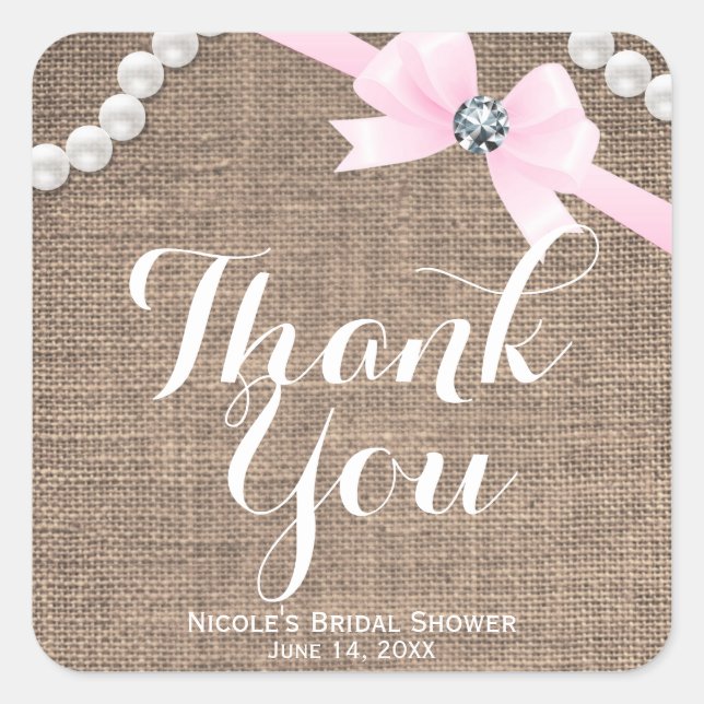 Burlap & Pearls Pink Bow Glamour Gastgeschenk Quadratischer Aufkleber (Vorderseite)