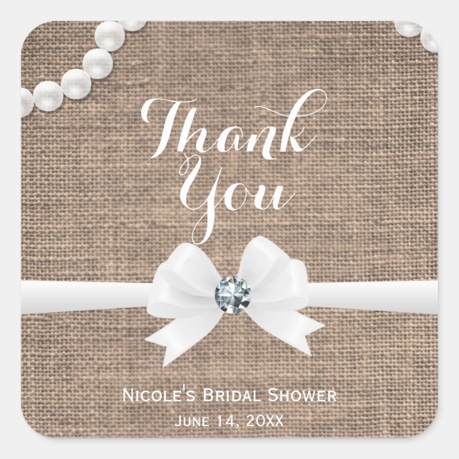 Burlap & Pearls Rustic Glamour Brautparty Gevor Quadratischer Aufkleber (Vorderseite)