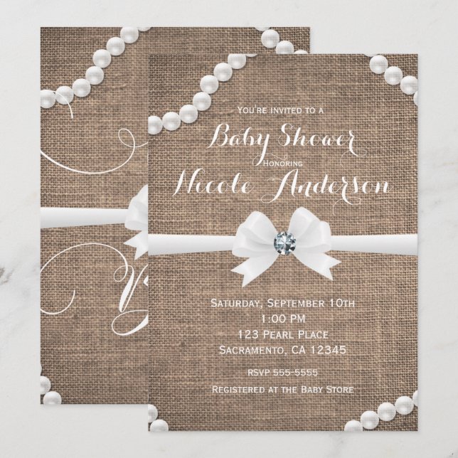 Burlap & Pearls Rustikaler Glamour Oh Babydusche Einladung (Vorne/Hinten)