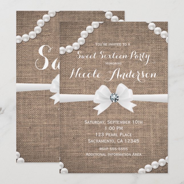 Burlap & Pearls Rustikaler Glamour Sweet 16 Party Einladung (Vorne/Hinten)