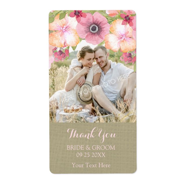 Burlap Pink Floral Foto Hochzeitslabel (Vorne)