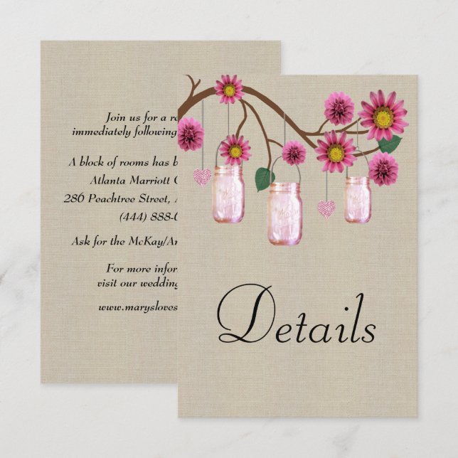 Burlap Pink Floral Mason Jars Wedding Details Begleitkarte (Vorne/Hinten)