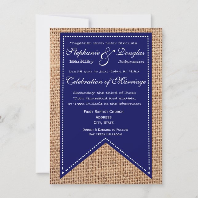 Burlap Print Blue Rustic Hochzeit Einladungen (Vorderseite)
