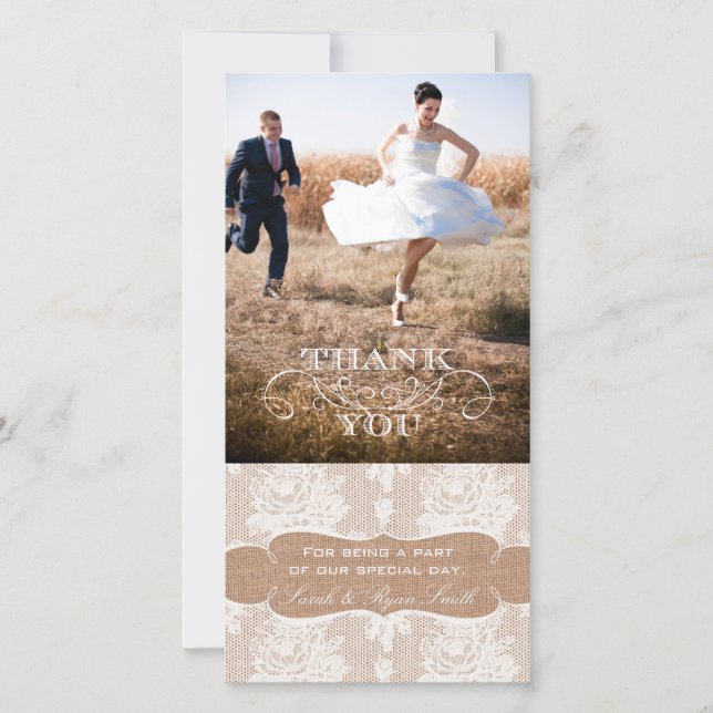 Burlap Print Lace Wedding Vielen Dank für Ihre Fot Dankeskarte (Vorderseite)