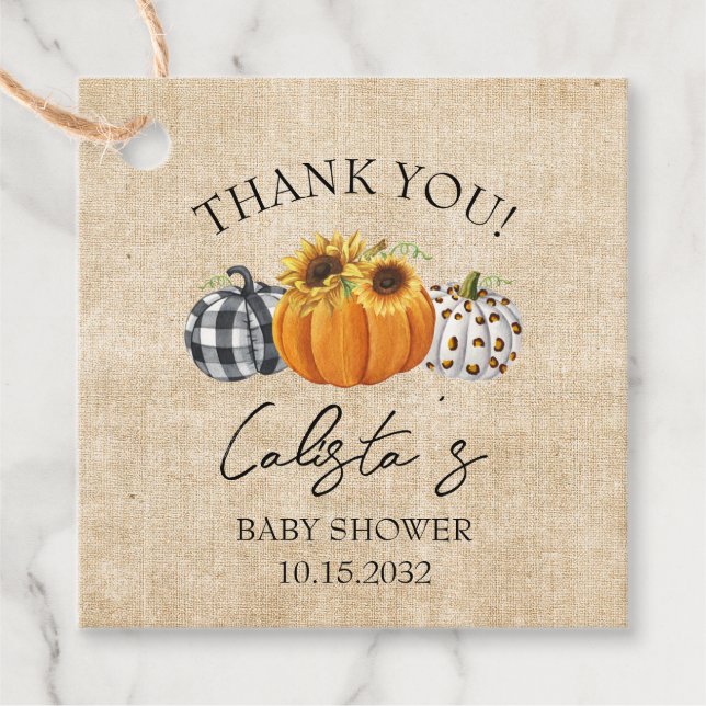 Burlap Pumpkin & Sunflower Baby Dusche Vielen Dank Geschenkanhänger (Vorderseite)