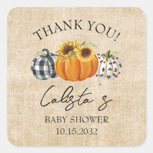 Burlap Pumpkin & Sunflower Baby Dusche Vielen Dank Quadratischer Aufkleber