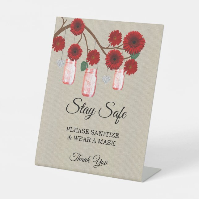 Burlap Red Floral Mason Jar Wedding Safety Sockelschild (Vorderseite)