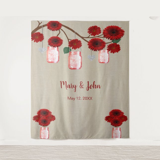 Burlap Red Floral Mason Jars Foto Hintergrund Wandteppich (Vorderseite)