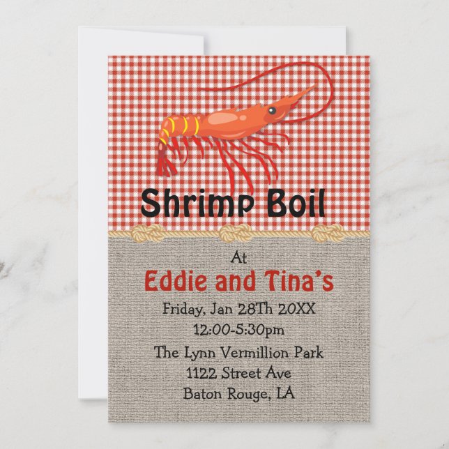 Burlap Red Gingham Shrimp Boil Einladung (Vorderseite)