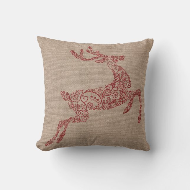 Burlap Red Reindeer Kissen (Vorderseite)