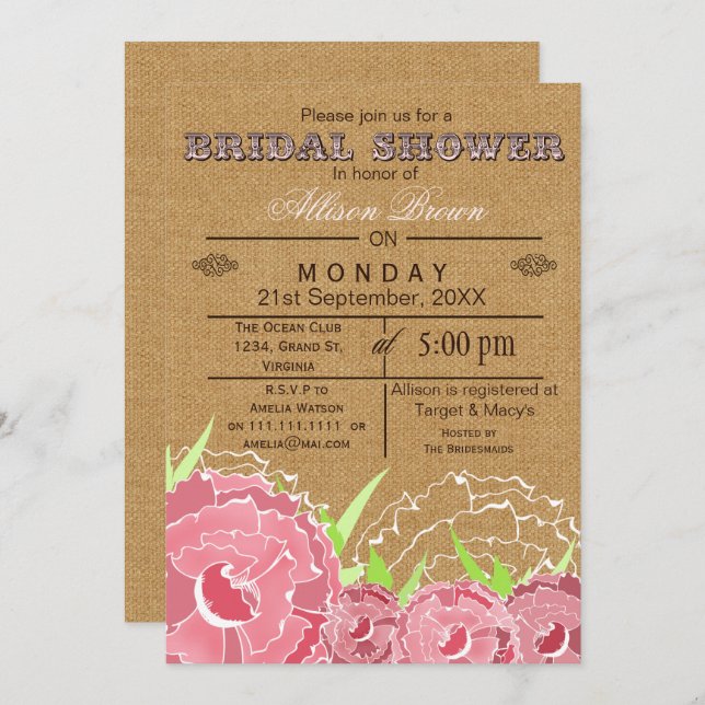 Burlap, rose floral, rustique Invitations de douch (Devant / Derrière)