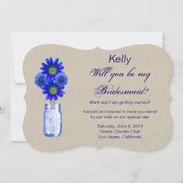 Burlap Rustic Blue Mason Jar Bridesmaid Card Einladung